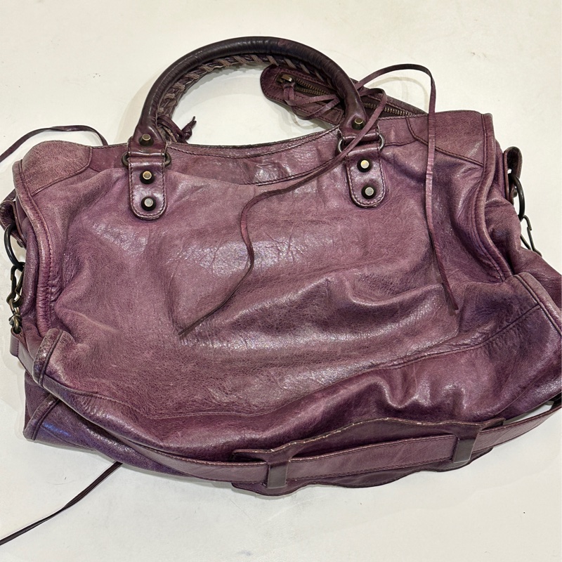 巴黎世家紫色經典機車包city 復古色卯釘-27