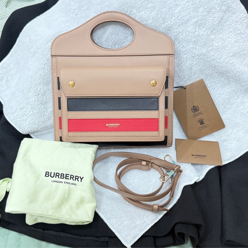 全新 BURBERRY 全皮 焦糖 奶茶 三色斜背手提兩用包 8036791 POCKET BAG-3