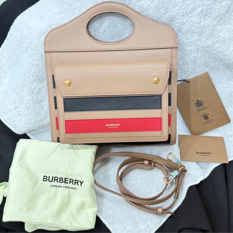 全新 BURBERRY 全皮 焦糖 奶茶 三色斜背手提兩用包 8036791 POCKET BAG-20