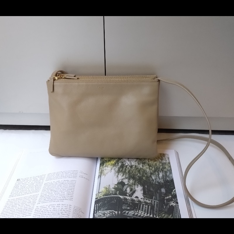 Celine 灰駝皮三層拉鍊斜背包-0