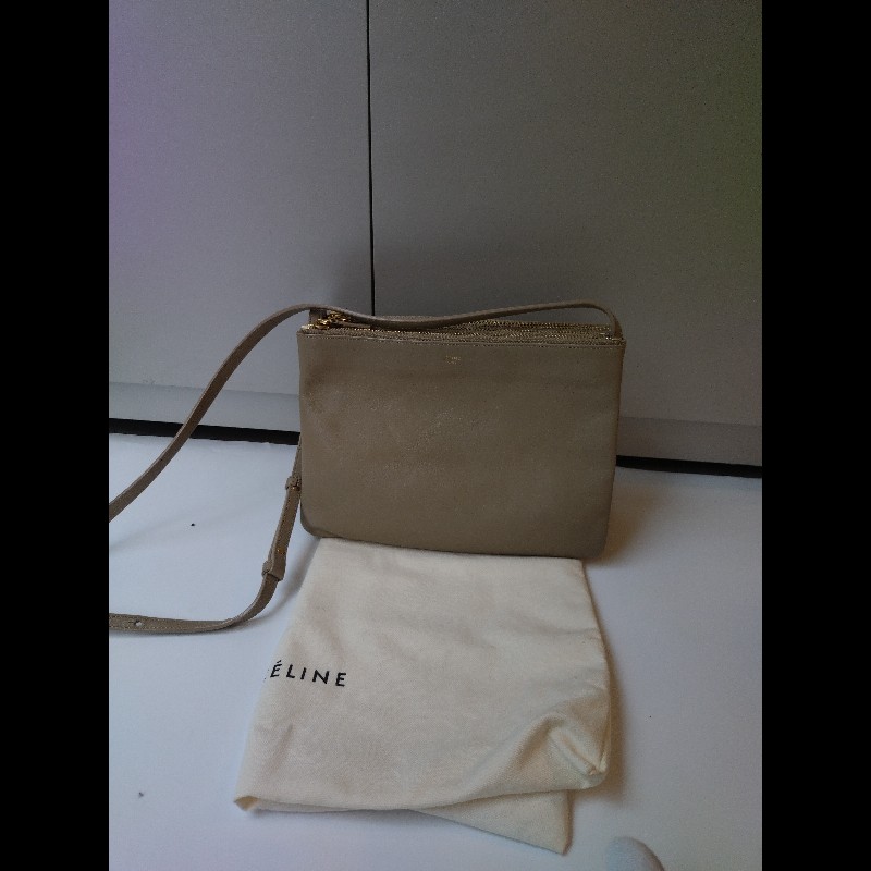 Celine 灰駝皮三層拉鍊斜背包-4