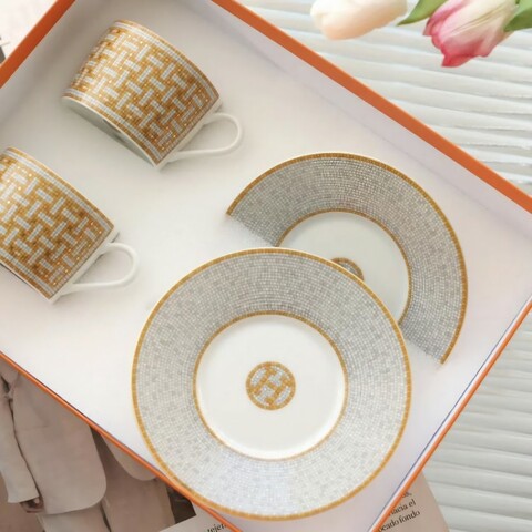 💯全新🔥愛馬仕 金馬賽克對杯 兩入組Mosaique au 24 gold茶杯與杯碟 兩入組