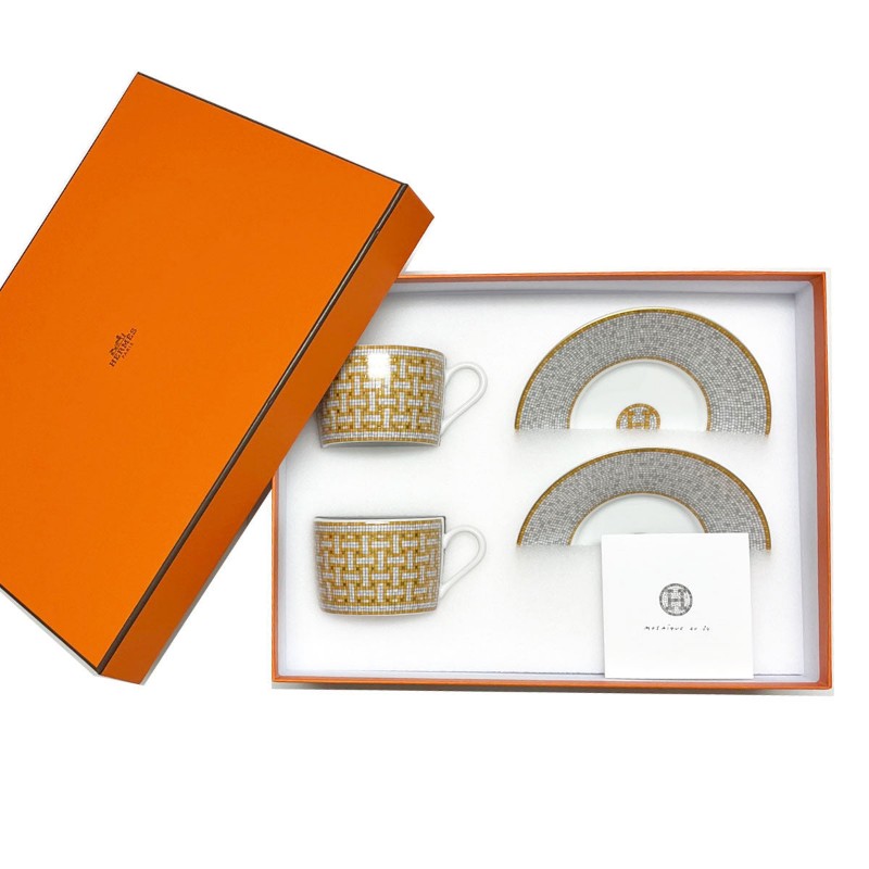 💯全新🔥愛馬仕 金馬賽克對杯 兩入組Mosaique au 24 gold茶杯與杯碟 兩入組-5