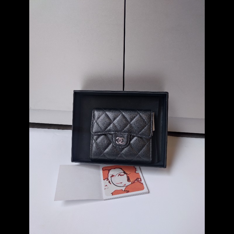 Chanel 金雙C黑荔枝皮三折短方夾-0