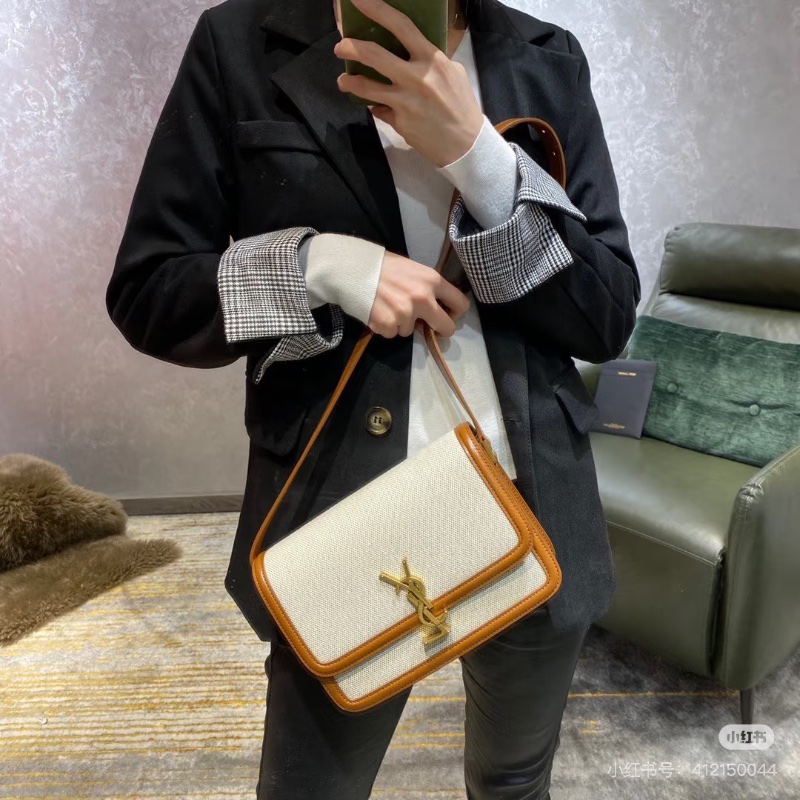 YSL Solferinobox奶茶色金扣拼帆布豆腐包23*16*5 98新配件塵袋-0