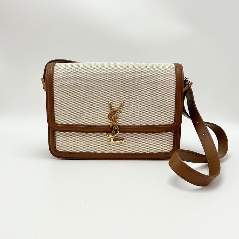YSL Solferinobox奶茶色金扣拼帆布豆腐包23*16*5 98新配件塵袋-1
