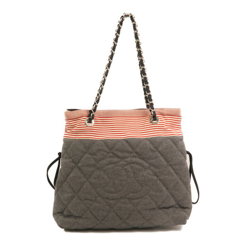 CHANEL 牛仔布/帆布Totebag銀扣鏈帶肩背袋