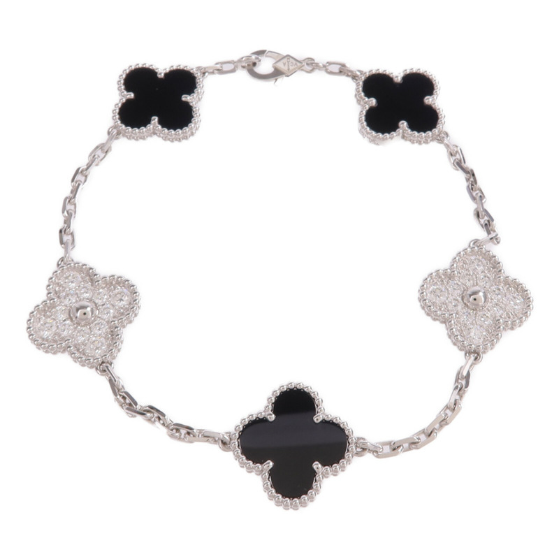 Van Cleef & Arpels 18K白金Vintage Alhambra Bracelet 5 Motifs縞瑪瑙/鑽石手鏈-3