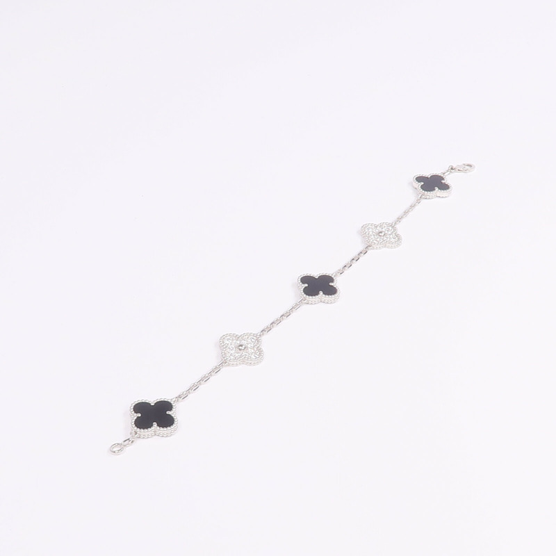 Van Cleef & Arpels 18K白金Vintage Alhambra Bracelet 5 Motifs縞瑪瑙/鑽石手鏈-6