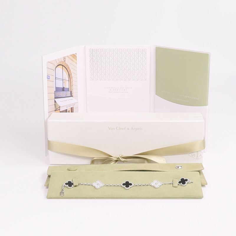 Van Cleef & Arpels 18K白金Vintage Alhambra Bracelet 5 Motifs縞瑪瑙/鑽石手鏈-8
