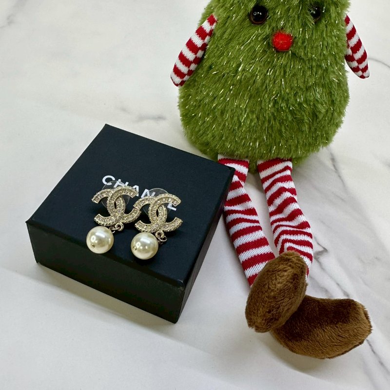 CHANEL 雙C珍珠水鑽耳環-4