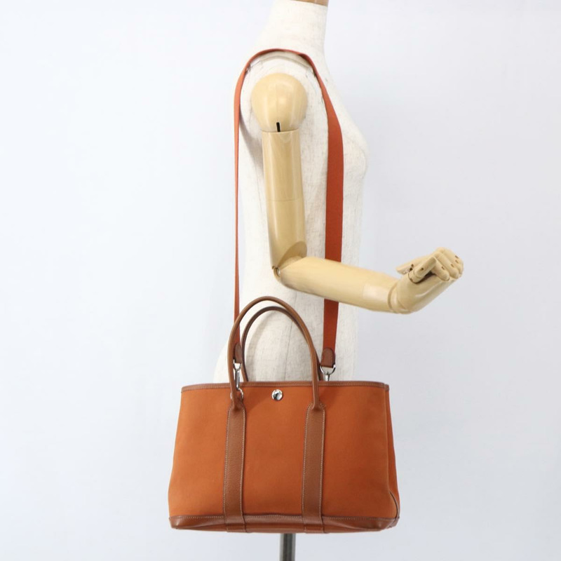 【日本直送】愛馬仕 Garden Party TPM 手提包 帆布 兩用 橙色/銀色 正品 166360V-21