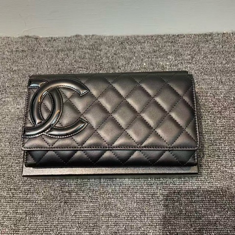 Chanel Cambon卡包 康鵬logo橫版口蓋錢包 全黑面 內里玫紅 菱格紋羊皮 經典款手拿包 15開帶黑卡