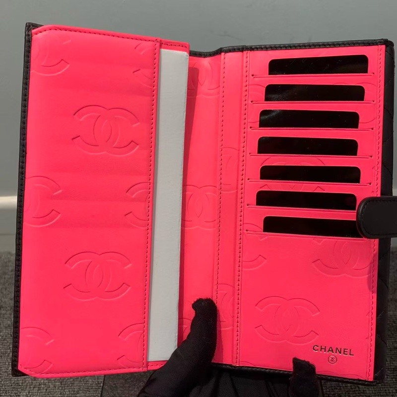 Chanel Cambon卡包 康鵬logo橫版口蓋錢包 全黑面 內里玫紅 菱格紋羊皮 經典款手拿包 15開帶黑卡-6