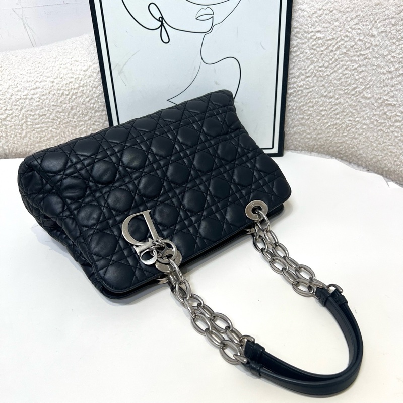 Dior Lady戴妃 黑銀牛皮托特包 尺寸約 30*20*8cm-3