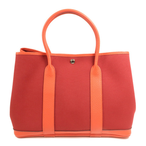 HERMES 帆布GardenParty PM銀扣手挽袋Rouge Tomate/Capucin
