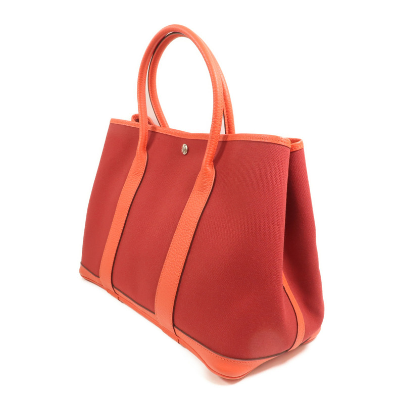 HERMES 帆布GardenParty PM銀扣手挽袋Rouge Tomate/Capucin-2
