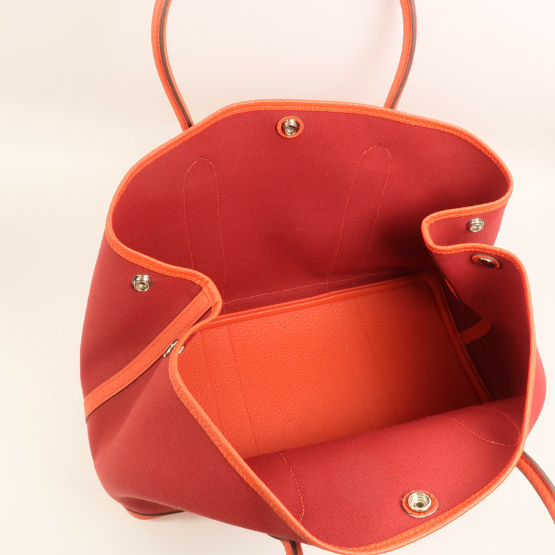 HERMES 帆布GardenParty PM銀扣手挽袋Rouge Tomate/Capucin-4
