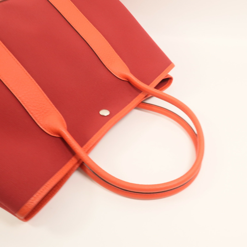 HERMES 帆布GardenParty PM銀扣手挽袋Rouge Tomate/Capucin-7