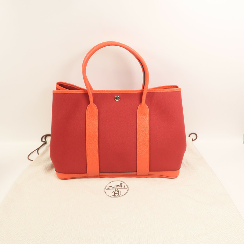 HERMES 帆布GardenParty PM銀扣手挽袋Rouge Tomate/Capucin-8