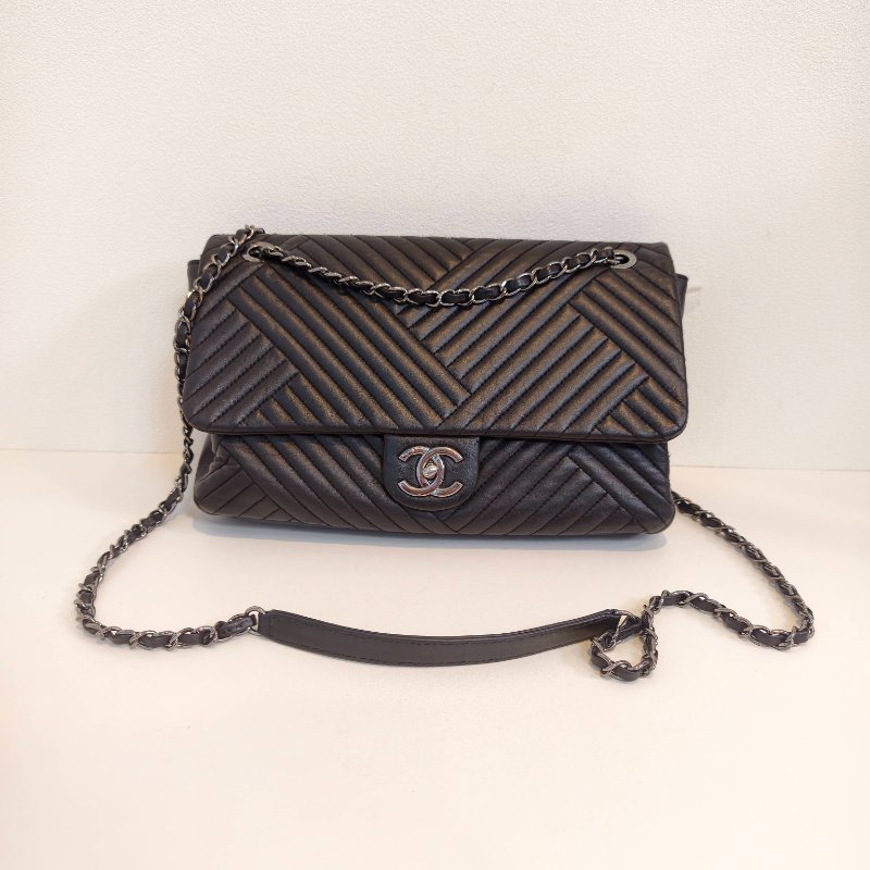 香奈兒/Chanel 羊皮CF腋下鍊條包 21開 中號黑色 27*17*7cm 2015年 98新-0