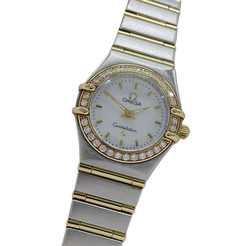 歐米茄星座系列迷你1267.70女錶，貝殼鑲鑽石英機芯，不鏽鋼錶殼，鍍金錶帶，拋光處理