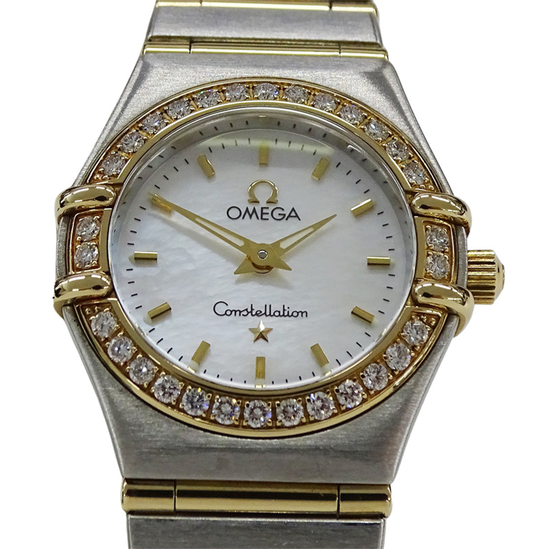 歐米茄星座系列迷你1267.70女錶，貝殼鑲鑽石英機芯，不鏽鋼錶殼，鍍金錶帶，拋光處理-1