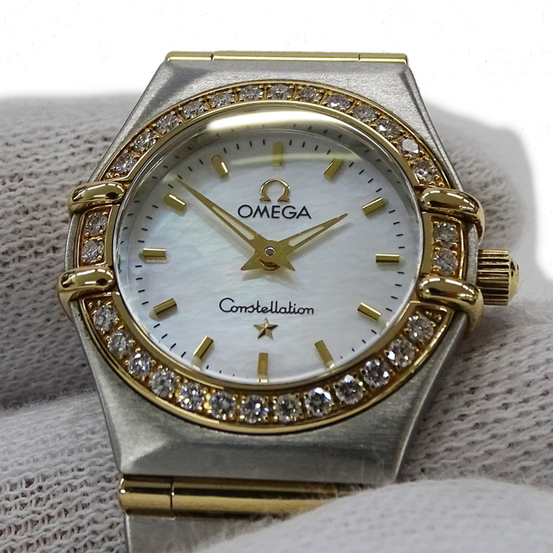 歐米茄星座系列迷你1267.70女錶，貝殼鑲鑽石英機芯，不鏽鋼錶殼，鍍金錶帶，拋光處理-8
