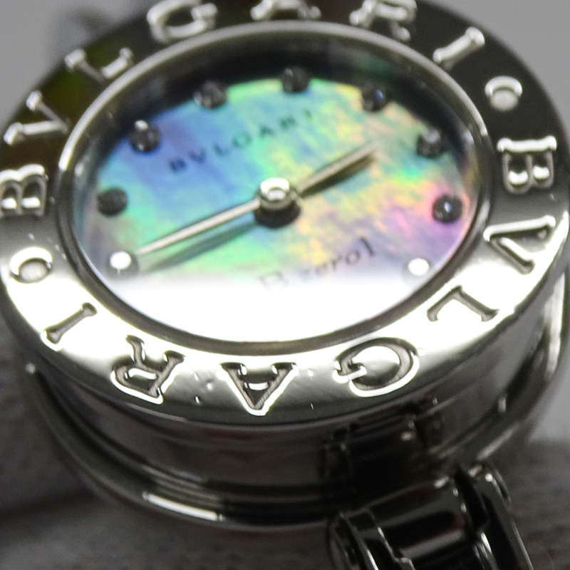 寶格麗 (BVLGARI) 女士 B-zero1 腕錶,藍色錶殼鑲嵌 12 顆鑽石,石英機芯,精鋼錶殼,型號 BZ22S,拋光錶鍊-12