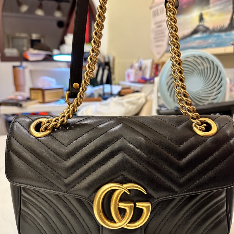 Gucci 古馳 GG Marmont 牛皮手提肩背包經典黑金-0