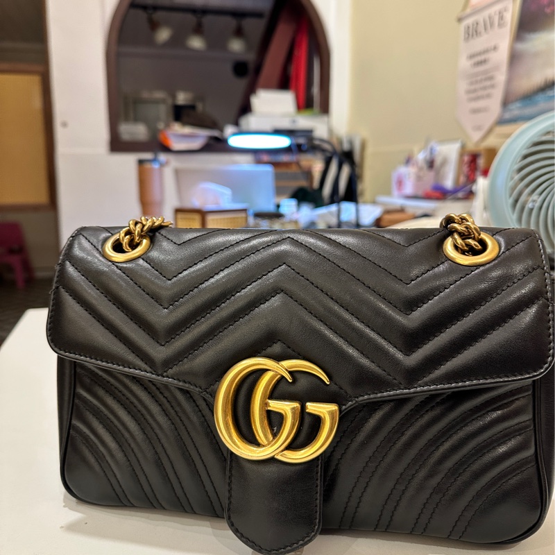 Gucci 古馳 GG Marmont 牛皮手提肩背包經典黑金-1