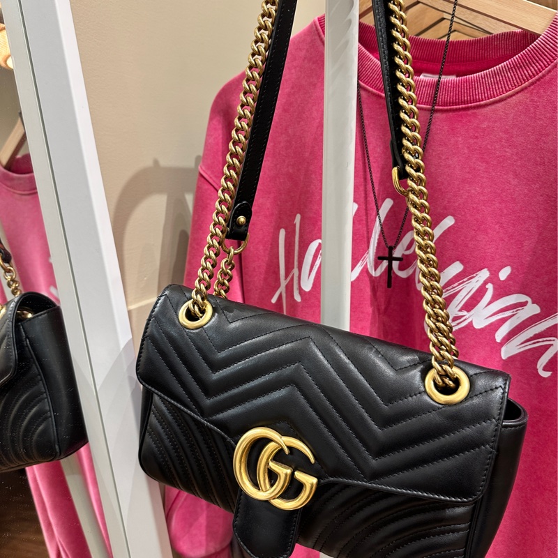Gucci 古馳 GG Marmont 牛皮手提肩背包經典黑金-3