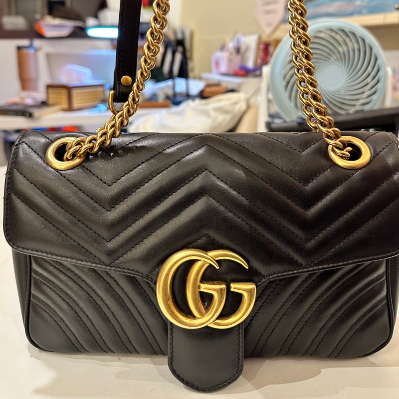 Gucci 古馳 GG Marmont 牛皮手提肩背包經典黑金-5