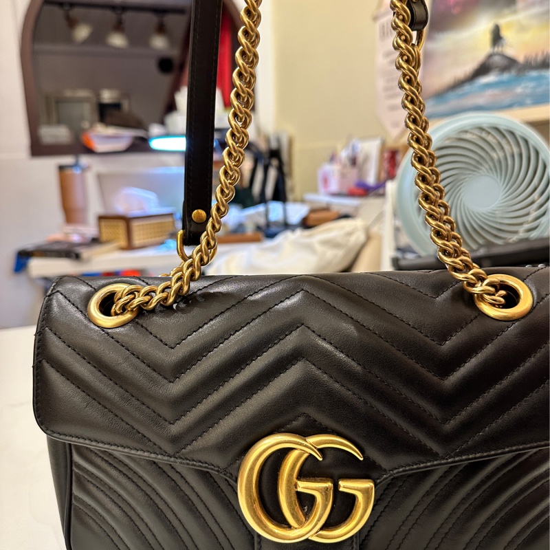 Gucci 古馳 GG Marmont 牛皮手提肩背包經典黑金-6