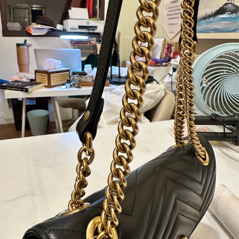 Gucci 古馳 GG Marmont 牛皮手提肩背包經典黑金-28