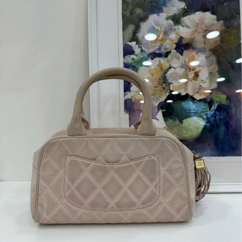 Chanel 香奈兒 櫻花粉mini流蘇保齡球 vintage 9開 原始成色，有點髒-1