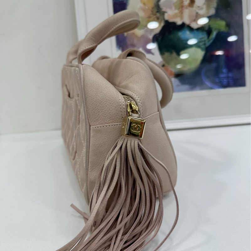 Chanel 香奈兒 櫻花粉mini流蘇保齡球 vintage 9開 原始成色，有點髒-3