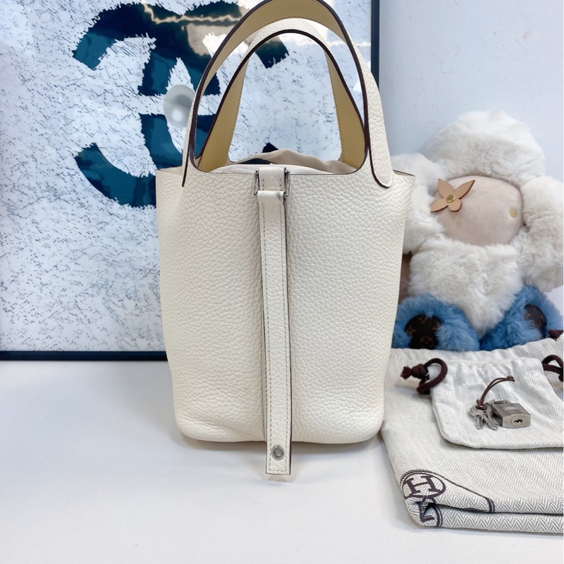 愛馬仕Hermes 奶油白拼小雞黃菜籃子18 y刻銀扣 尺寸18*13-1