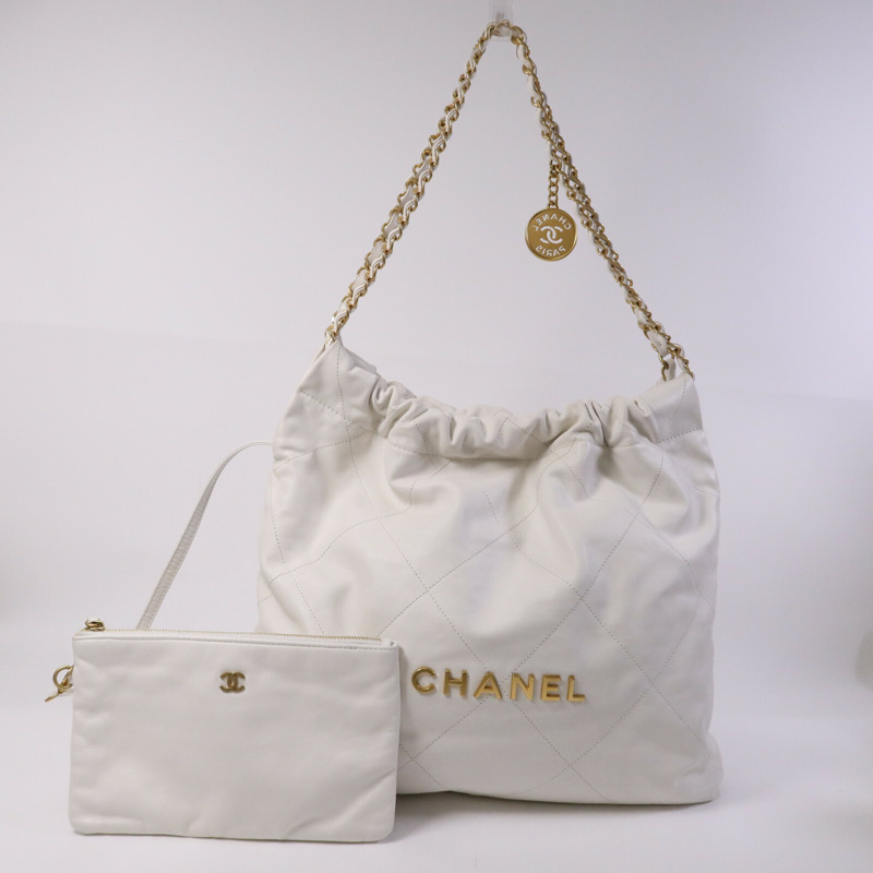 CHANEL 牛皮皮革Chanel 22金扣鏈帶肩背袋-8