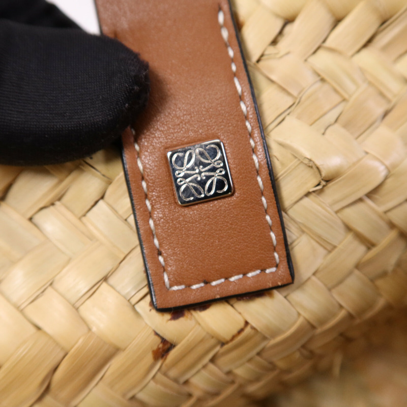 LOEWE 牛皮皮革/藤料Basket Bag銀扣肩背袋-6