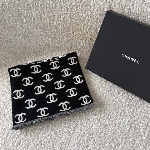 香奈兒 Chanel 經典款黑白圍巾 滿版logo 圍巾