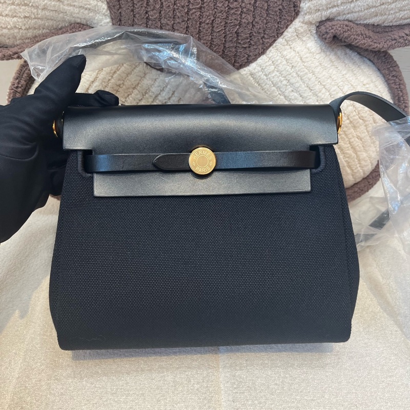 Hermes愛馬仕 Herbag 20 黑金帆布手提單肩包 K刻-2