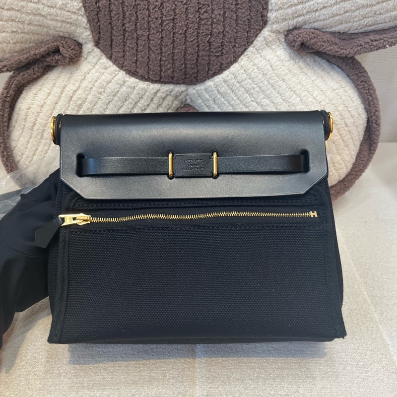 Hermes愛馬仕 Herbag 20 黑金帆布手提單肩包 K刻-4
