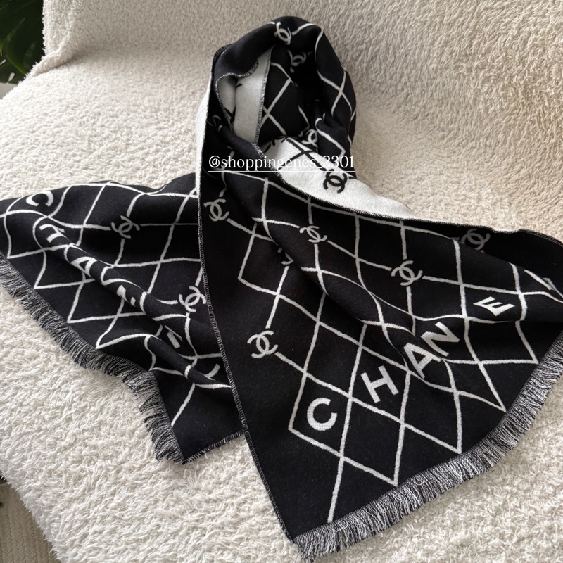 香奈兒 Chanel 26P 黑白圍巾 菱格紋logo-5