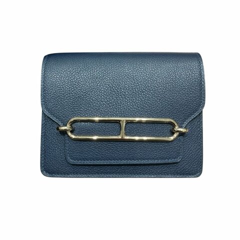 HERMÈS 愛馬仕 U刻 ROULIS SLIM 豬鼻子短夾 牛皮 深藍色 銀釦