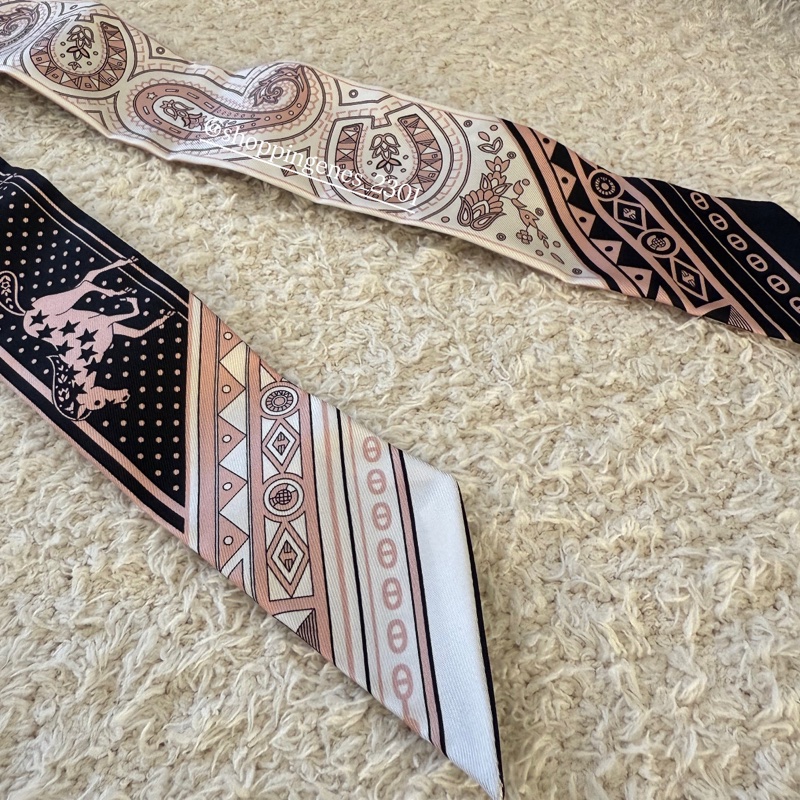 愛馬仕 Hermes 粉黑配色 twilly 小馬豬鼻絲巾-7