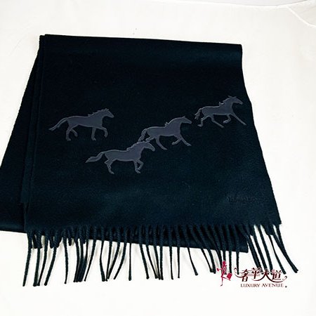*奢華大道國際精品*【H0440】HERMES黑色 小羊皮馬匹造型圍巾 100%羊毛-0