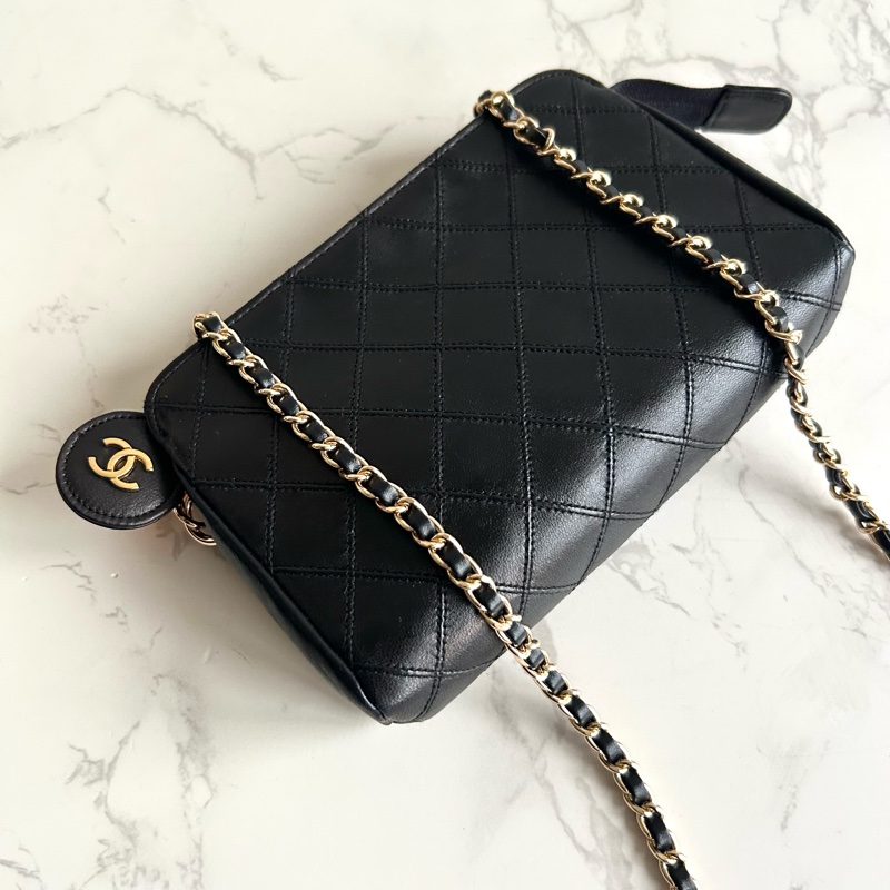 中古包 Chanel 黑色小羊皮革斜背包 單肩包 側背包 二手包 古董包-0