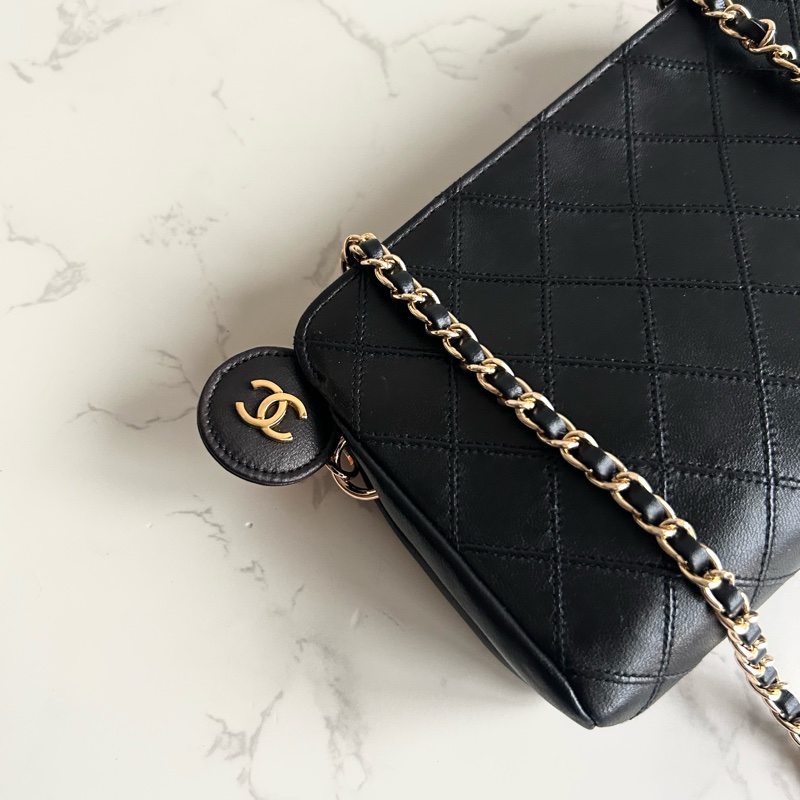 中古包 Chanel 黑色小羊皮革斜背包 單肩包 側背包 二手包 古董包-1