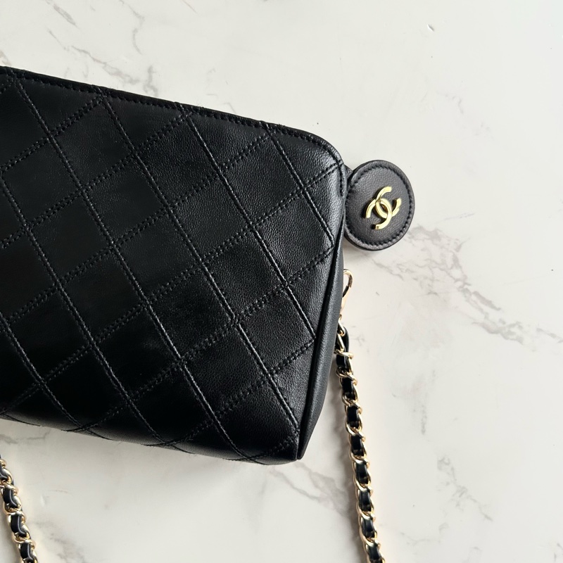 中古包 Chanel 黑色小羊皮革斜背包 單肩包 側背包 二手包 古董包-5